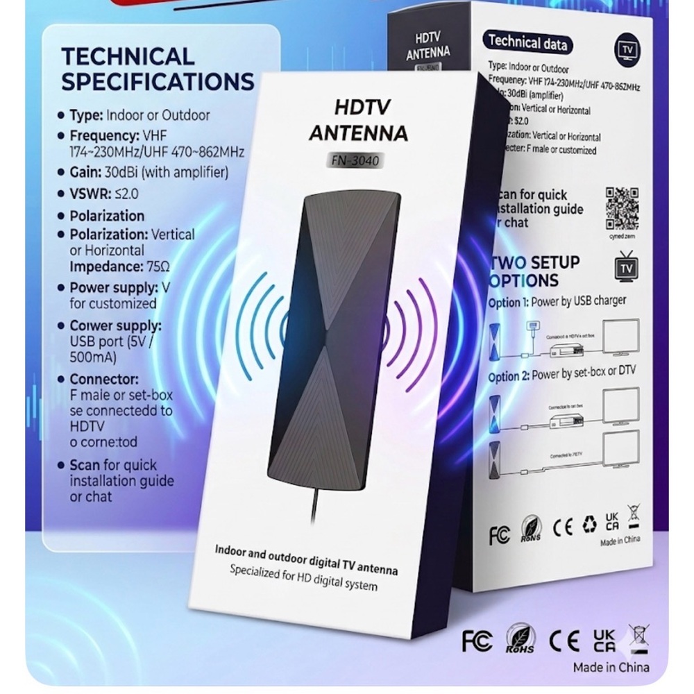 HIDEMI Indoor TV Antenna Amplified Long Range 4K 1080p Coax Compatible TVs